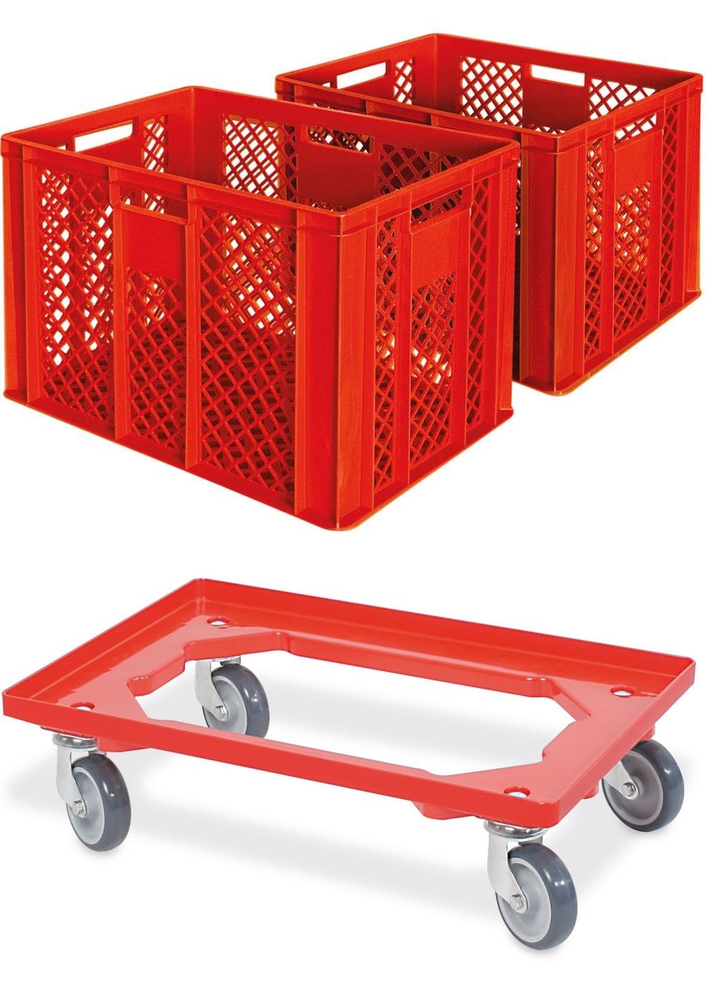 BRB 2x Eurobehälter/Bäckerkiste, LxBxH 600x400x410 mm inkl. Transportroller (rot)