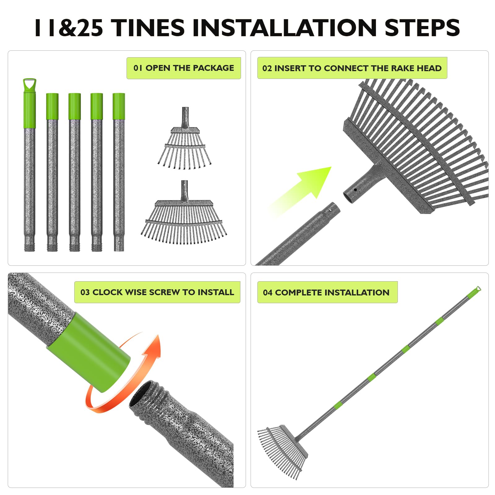 GARDENWORK Rechen für Blätter, 11 Zähne und 18 Zähne, Kombinationsrechen für Rasen, 185,4 cm, verstellbarer Stahlgriff, Metall-Laubbesen zum Pflücken von Blättern, Hof, Damen, Kinder, Reinigung von