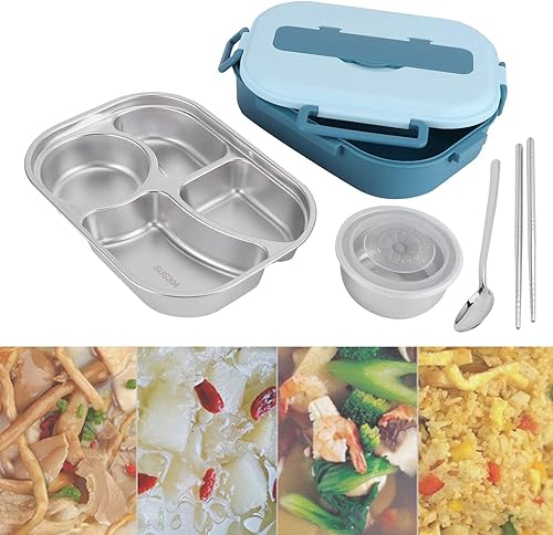 Miniatura 6 de Lonchera de 4 compartimentos azules con cuchara, palillos y cuenco de sopa, lonchera Bento para adultos con vajilla, forro extraíble, para escuela,