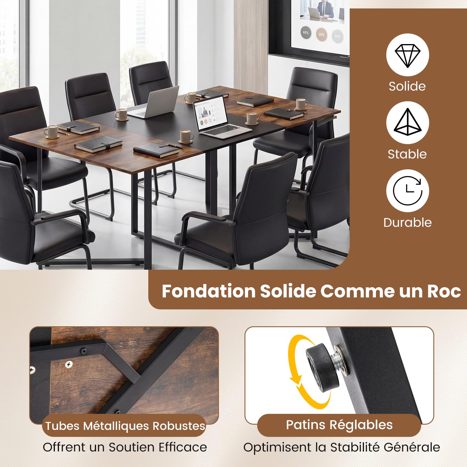 COSTWAY Table de Conférence, Grande Table de Réunion Rectangulaire pour 8 Personnes, 2 Passe-Câbles, Style Industriel, pour Salle de Réunion, Bureau, 180 x 100 x 76,5 cm, Marron Rustique