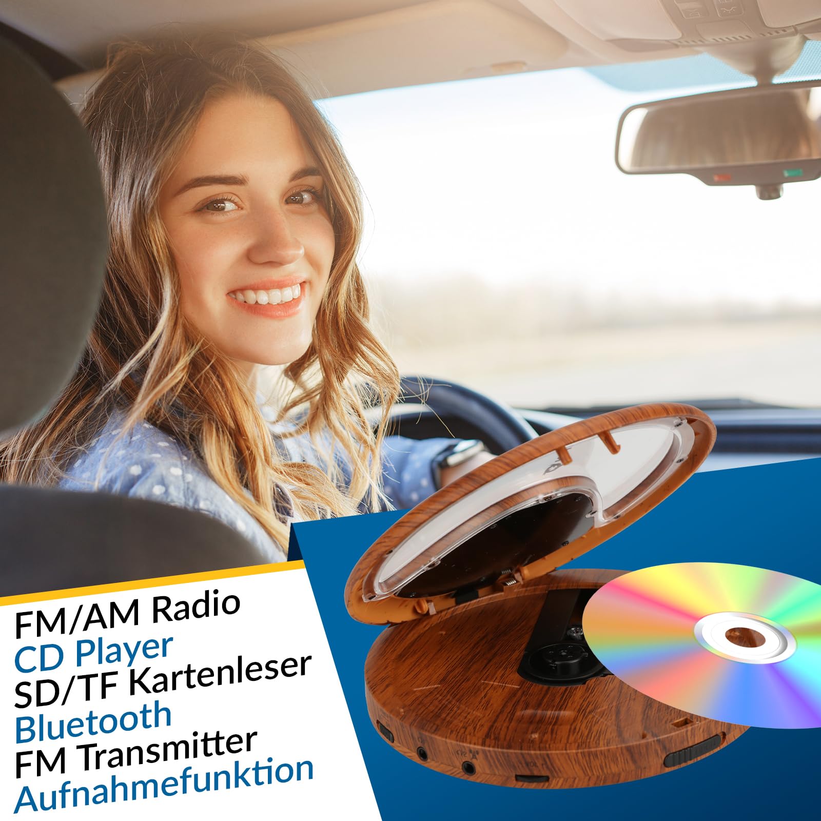 KLIM Discover + Tragbarer CD-Player Walkman mit langlebigem Akku + Mit Kopfhörern + Radio FM + Kompatibler MP3-CD-Player + SD-Karte, FM-Transmitter, Bluetooth + Ideal für Autos + Portable CD Player