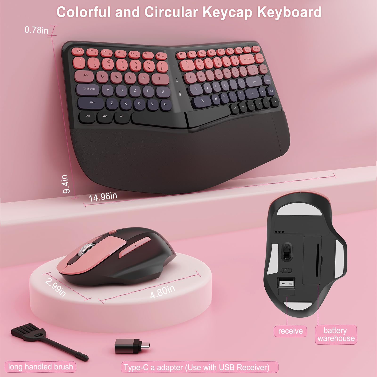 Tastiera e mouse wireless ergonomici, set da gioco meccanico con poggiapolsi, OTG e pennello, ideale per PC Windows, casa, ufficio e università, nero e rosa
