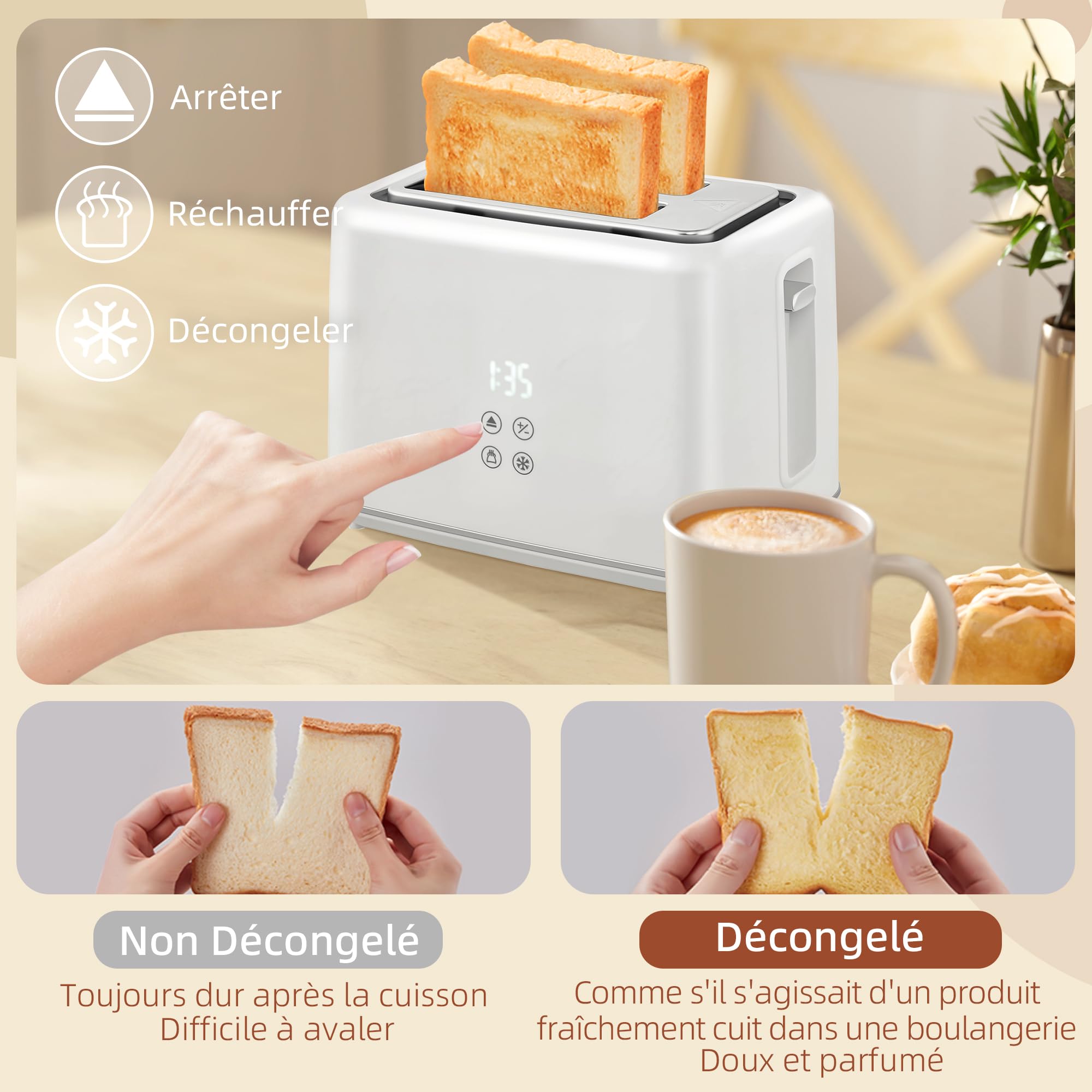 HOMCOM Ensemble bouilloire et grille-pain 2200 W, bouilloire en inox 1,5 L avec isolation et grille-pain 2 tranches, 7 niveaux de brunissage, décongélation, réchauffage et plateau à miettes, crème
