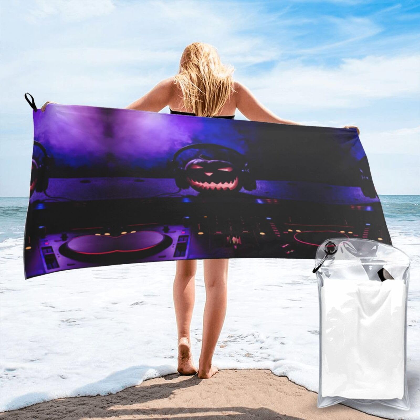 ENGhjes Halloween Pumpkin With Headphones Print Camping Towel Fast Drying Bath Beach Shower Wrap For Gym Camping Vacation Adults Portable Gift