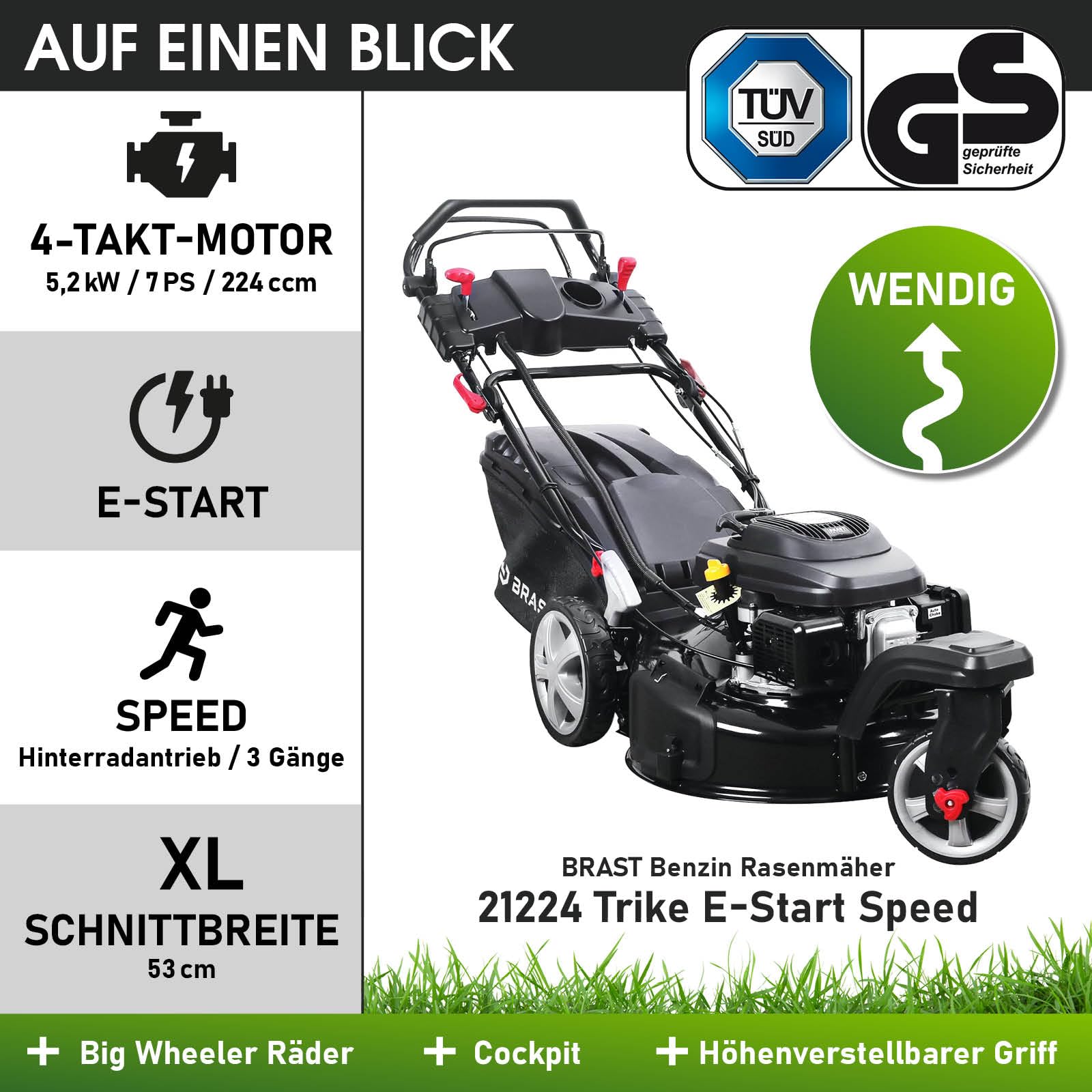 BRAST Benzin Rasenmäher Trike mit Antrieb | 5,2kW(7PS) | Elektrostart | 53cm Schnittbreite | viele Modelle | TÜV | 4 Takt OHV Motor | 30-80mm Schnitthöhe | 60L Fangkorb | Stahlgehäuse | ESTART Speed