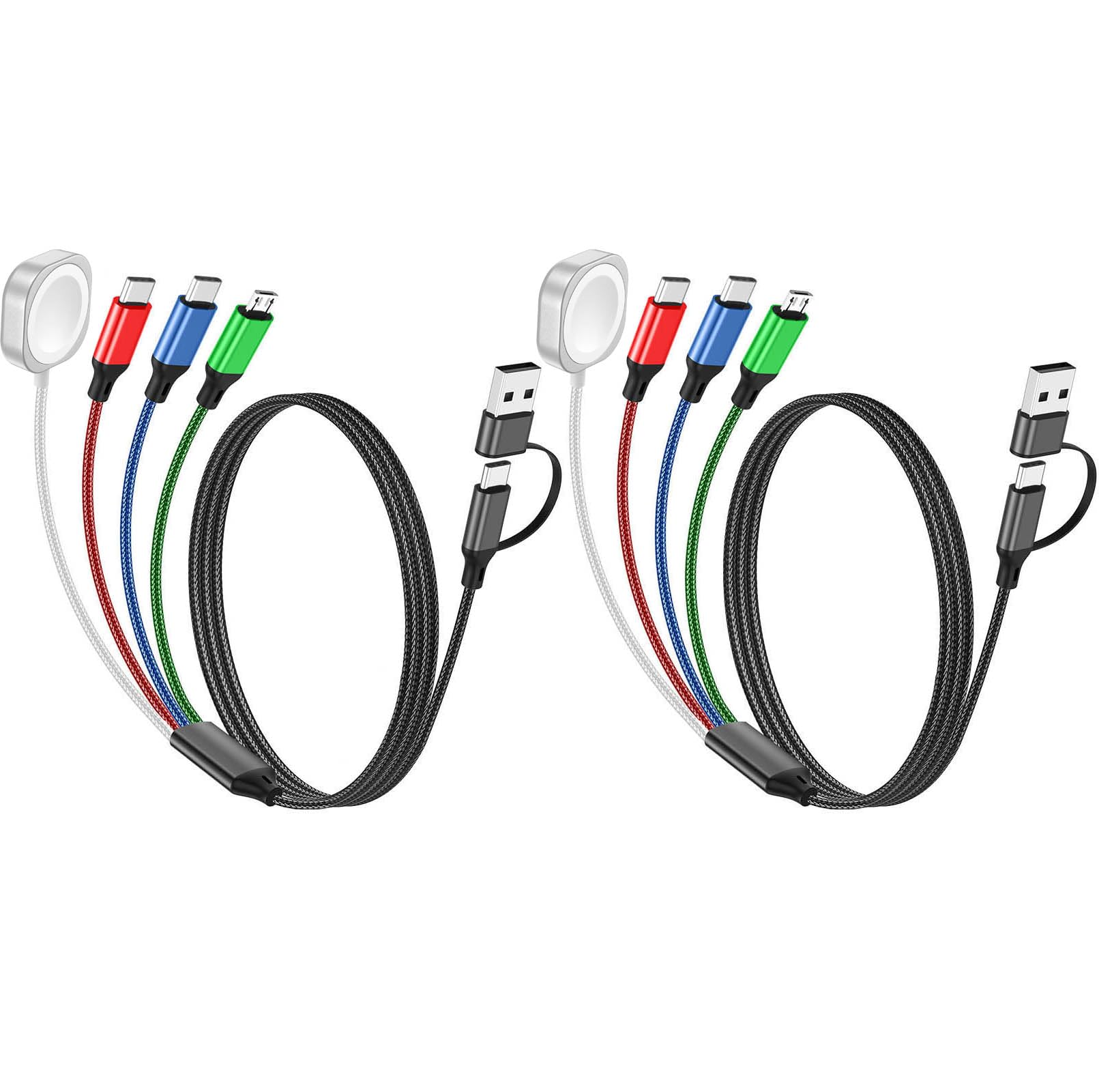 Travel Essentials, paquete de 2 cables de carga múltiple para Apple Watch, cargador de iPhone, cargador Samsung, tipo C, Lightning, iWatch, cable de carga micro para iWatch Ultra/10-2/iPhone/Galaxy