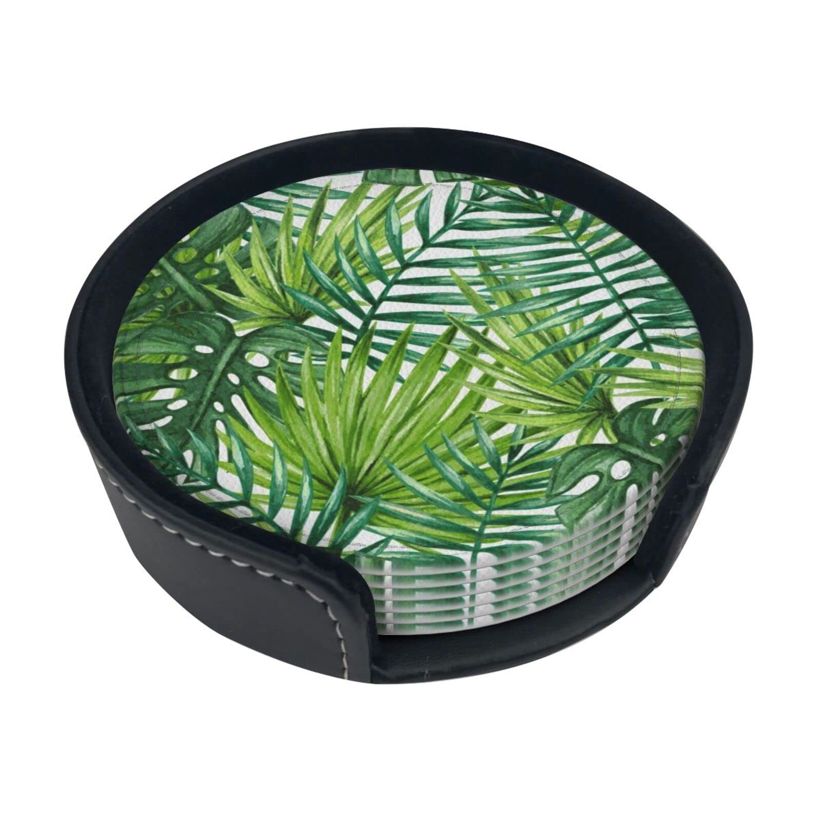 Wicron As Picture Round Coasters, Tropical Exotic Forest Palm Tree Leaves,Mugs Pad Cups Mat Set Of 6 Leather Drinks Coasters With Holder