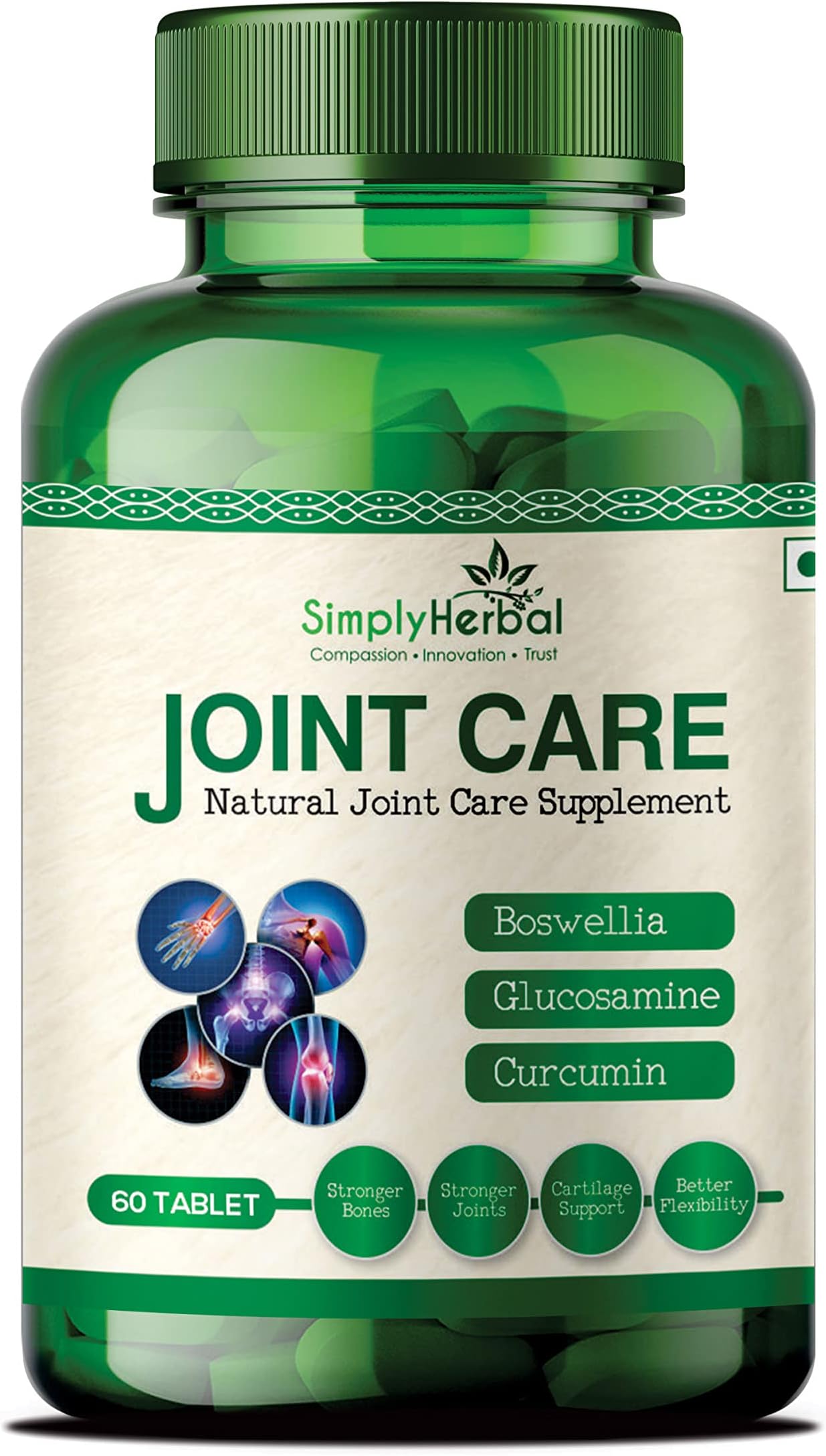 Simply Herbal Joint Care Support Supplement Tablets With Glucosamine Boswellia Curcumin Extract Promote Muscle Function Support Bone Recovery for Men Women & Adults – 60 Tablets
