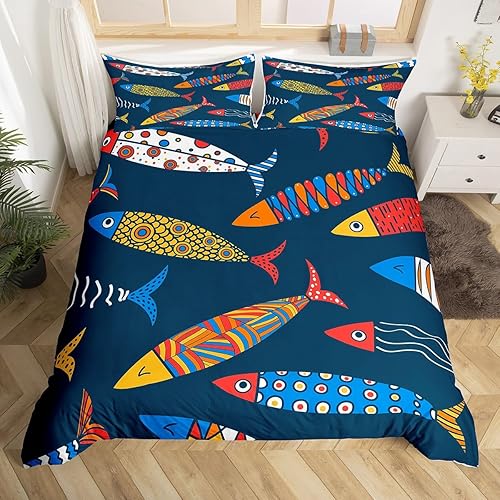 Funda de edredón de animales marinos tamaño King, funda de edredón de peces aztecas arco iris, funda de edredón de peces coloridos tribales, juego
