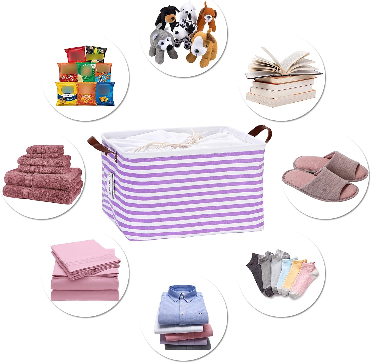 Sea Team Collapsible Rectangular Canvas Fabric Storage Bin Shelf Basket Organizer with PU Leather Handles and Drawstring Closure, 16.5 x 11.8 x 9.8 inches, Waterproof Inner Layer, Purple Stripe