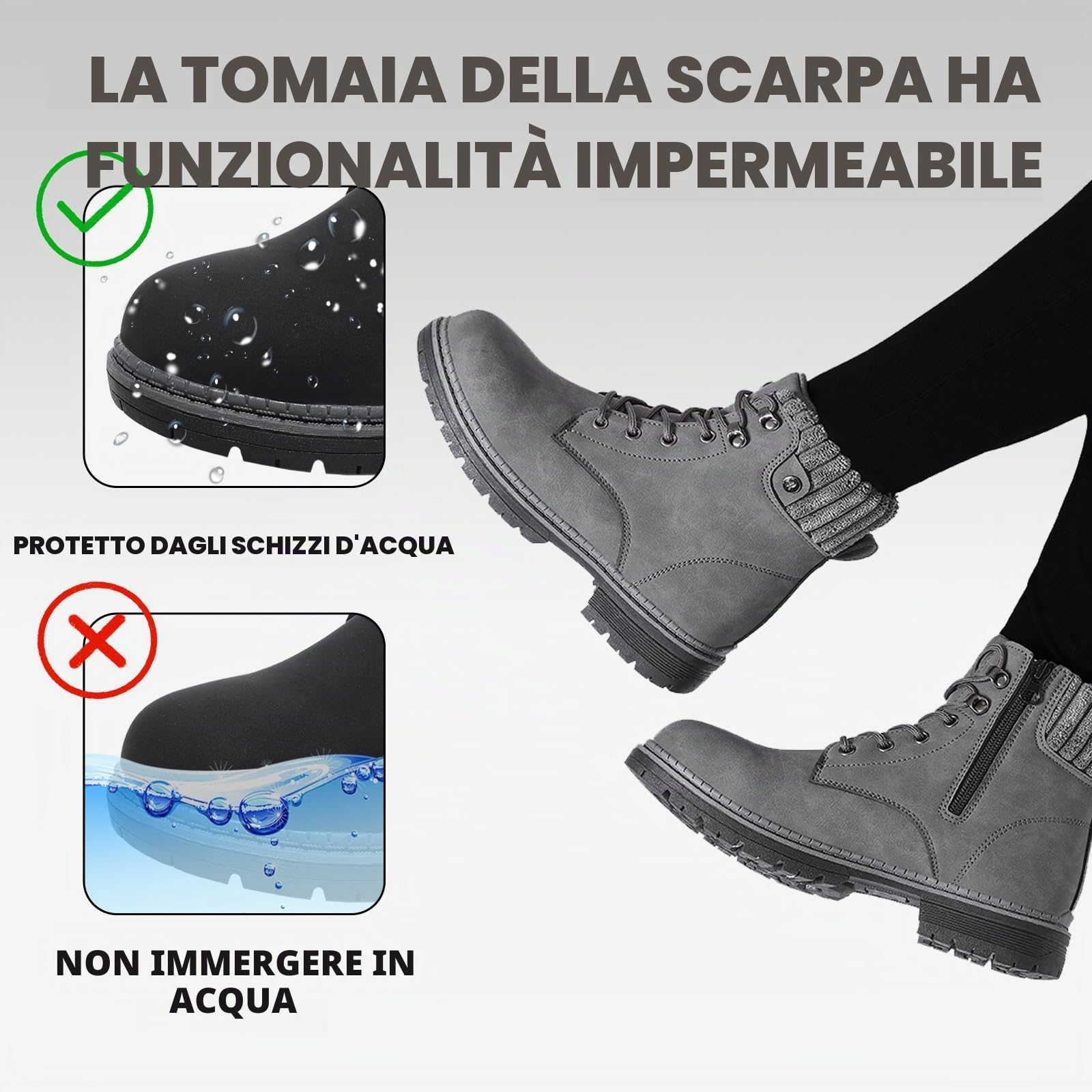 Stivali Donna Inverno Scarpe da Neve Impermeabili Stivaletti Pelliccia Stringate Outdoor Stivali da Trekking Caldi Snow Boots GR.37-42 Grigio-41EU