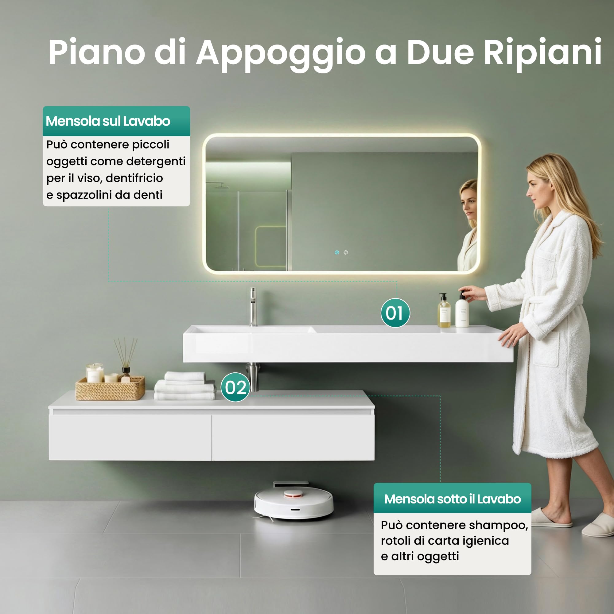 Mai & Mai Mobile Bagno Sospeso Lavabo Bianco, Larghezza: 150cm | Mobile da Bagno, Cassetti a Chiusura Soft-Close, Up