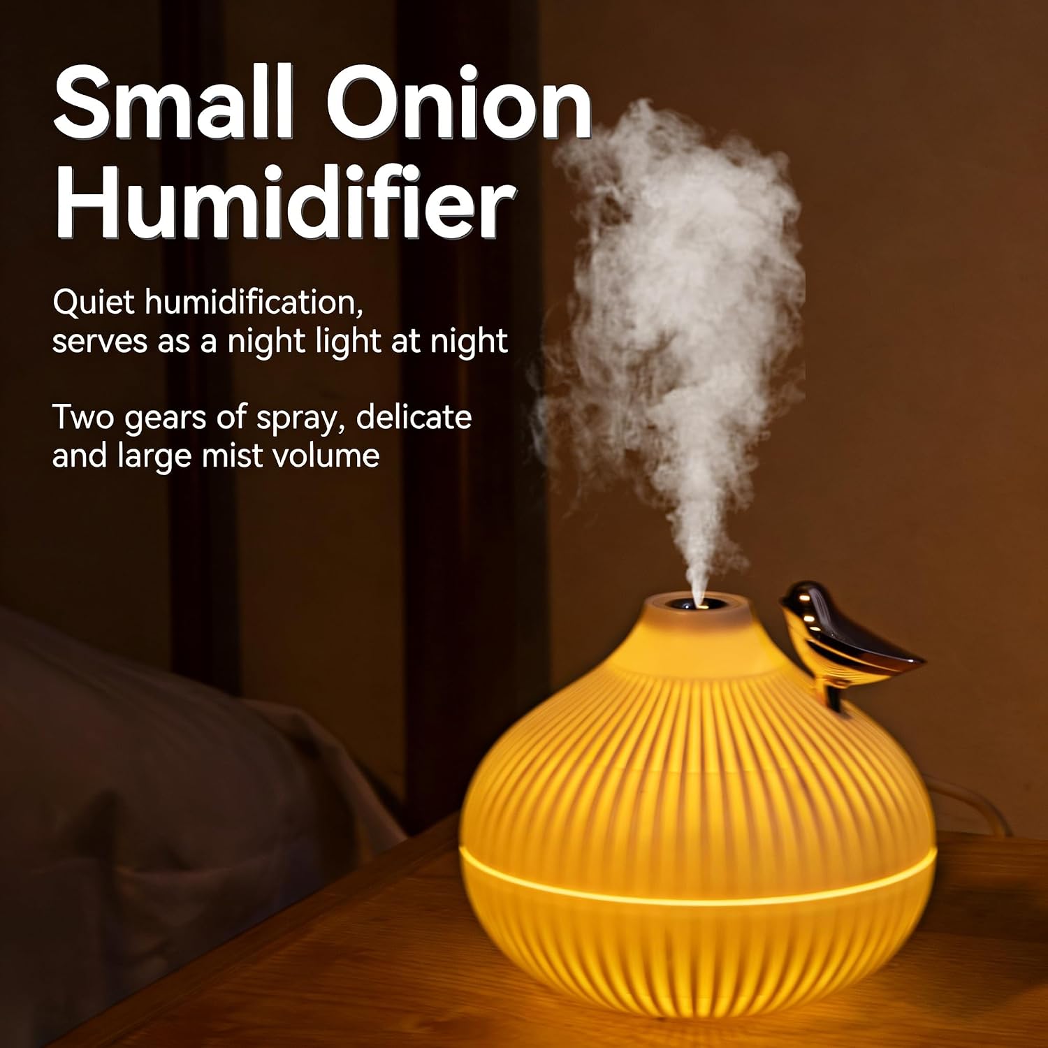Portable Small Onion Humidifier, 300ml Desktop Mini Plug-in Humidifier with 3-Color Warm Night Light, for Bedroom Home Office Travel