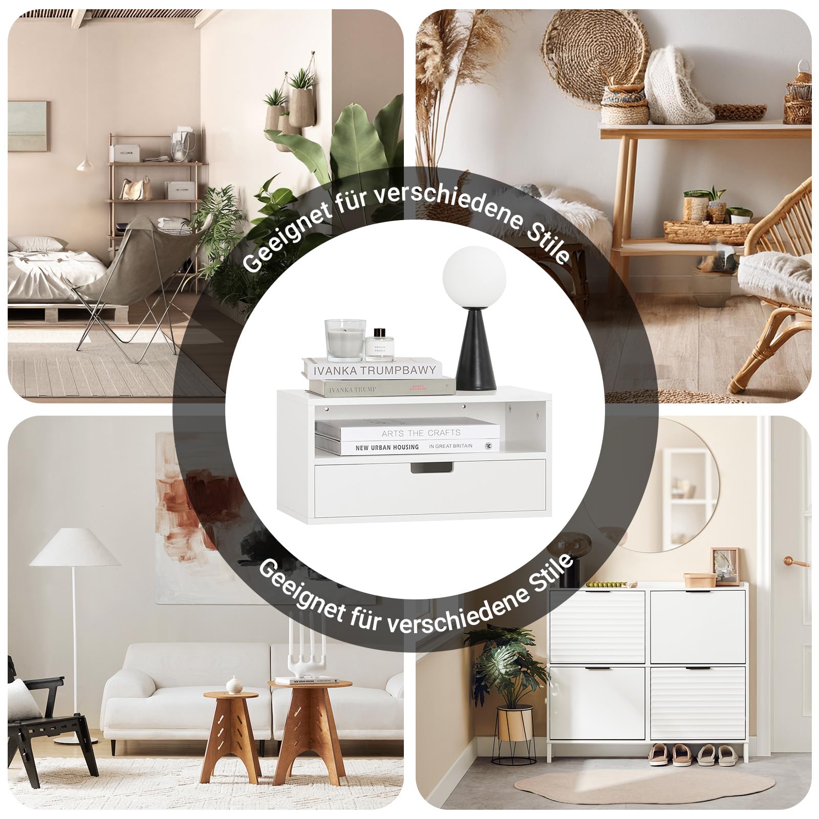 SoBuy hängender Nachttisch mit Schublade 45x25x22cm | 2er Set Wandregal mit offenem Fach, platzsparend für Schlafzimmer und Eingang Weiß NKD03-Wx2