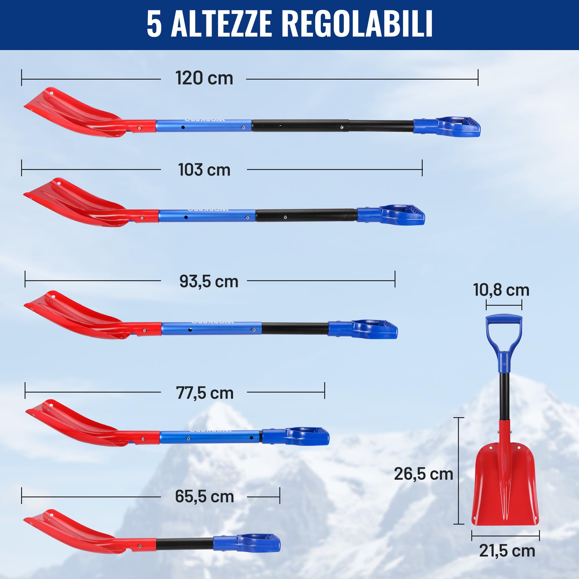 WORKPRO Pala da neve telescopica 66,5-120cm, Pala per la neve portatile staccabile in alluminio con borsa di stoccaggio, Per rimuovere la neve da vialetti, marciapiedi e cortili