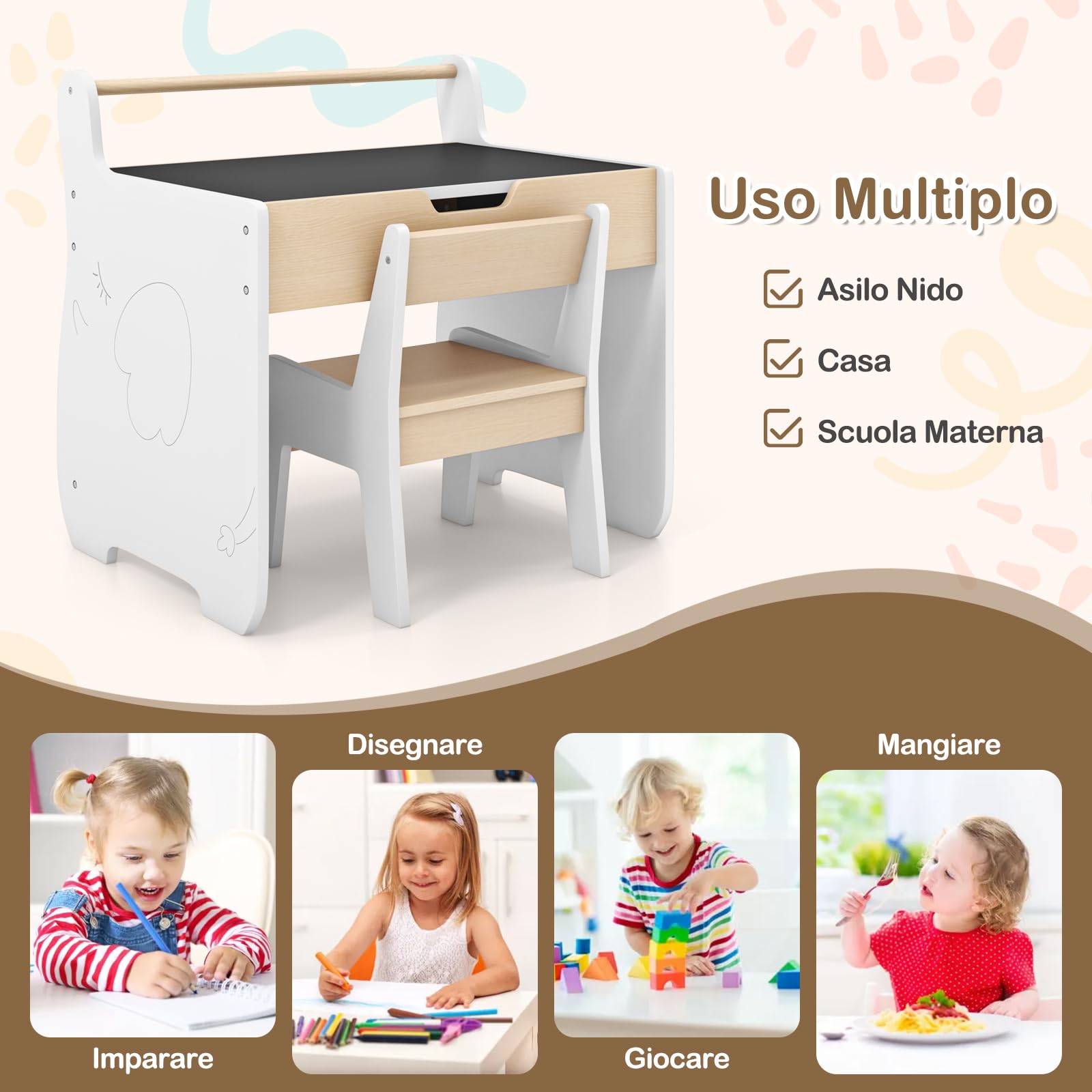 RELAX4LIFE Juego de mesa y silla 2 en 1 para niños, escritorio de madera con tablero extraíble de doble cara, amplio espacio de almacenamiento, diseño multifuncional para habitación de los niños