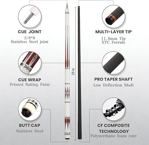 Miniatura 2 de Carbon Fiber Pool Cue, 58" Pro Taper Low Deflection Professional Pool Cue, 100% Carbon Fiber Shaft, 11.8mm 10 Layered Pigskins Cue Tip, Stainless