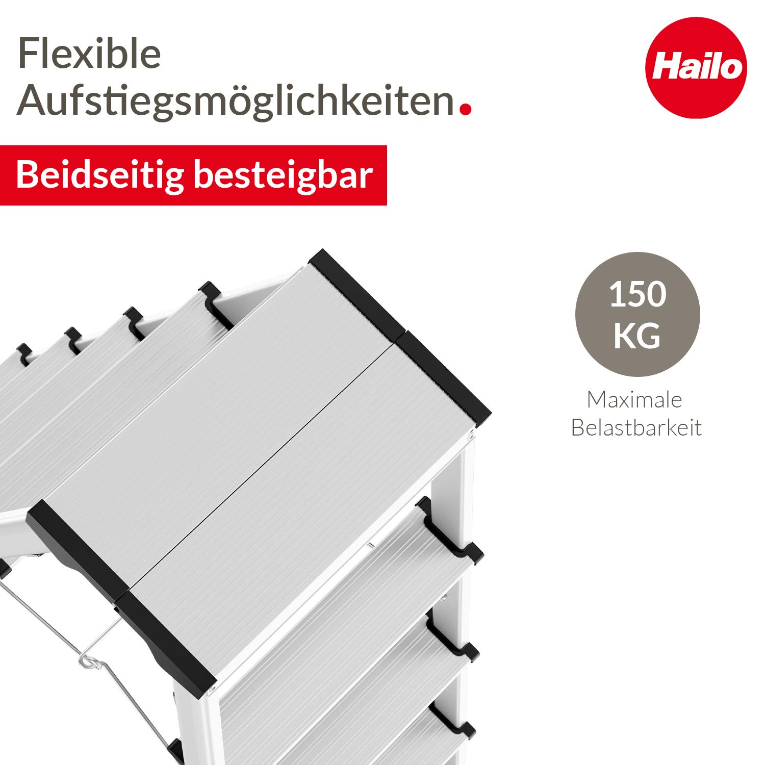 Hailo D60 StandardLine Alu-Doppelstufenleiter - 2x7 Stufen bis 150 kg - Leiter mit Spreizsicherung - Füße mit Soft-Grip-Sohle - mit stabilen Eckversteifungen - Alu Bockleiter rostfrei - Silber