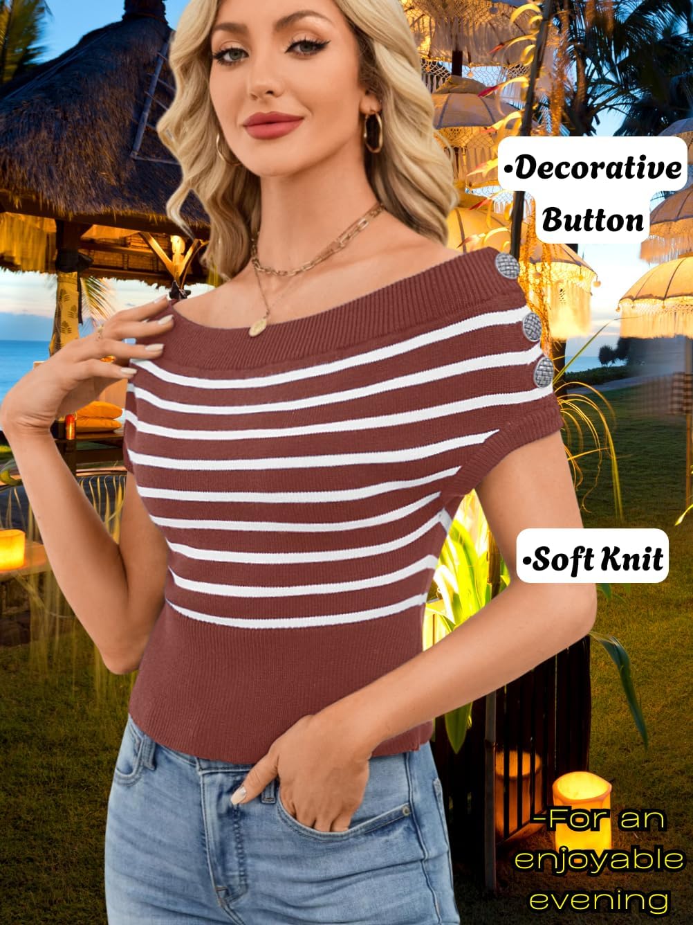 Women Sexy Boat Neck Off Shoulder Sweater, Short Cap Sleeve Striped Knit Crop Top, Spring Summer Trendy Casual Outfit - Image 5