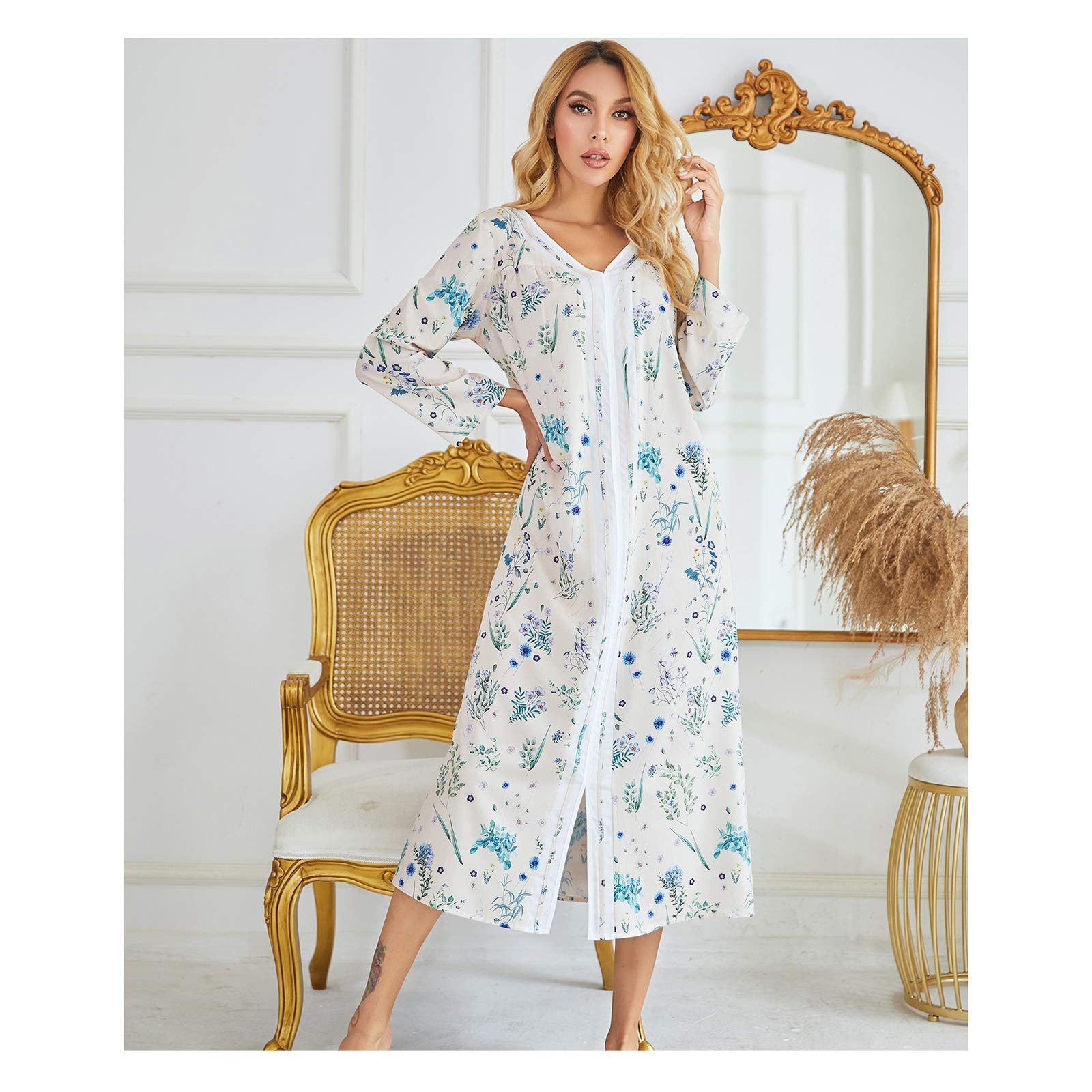 Chemise de nuit ample pour femme : robe imprimée à manches longues beige XXL