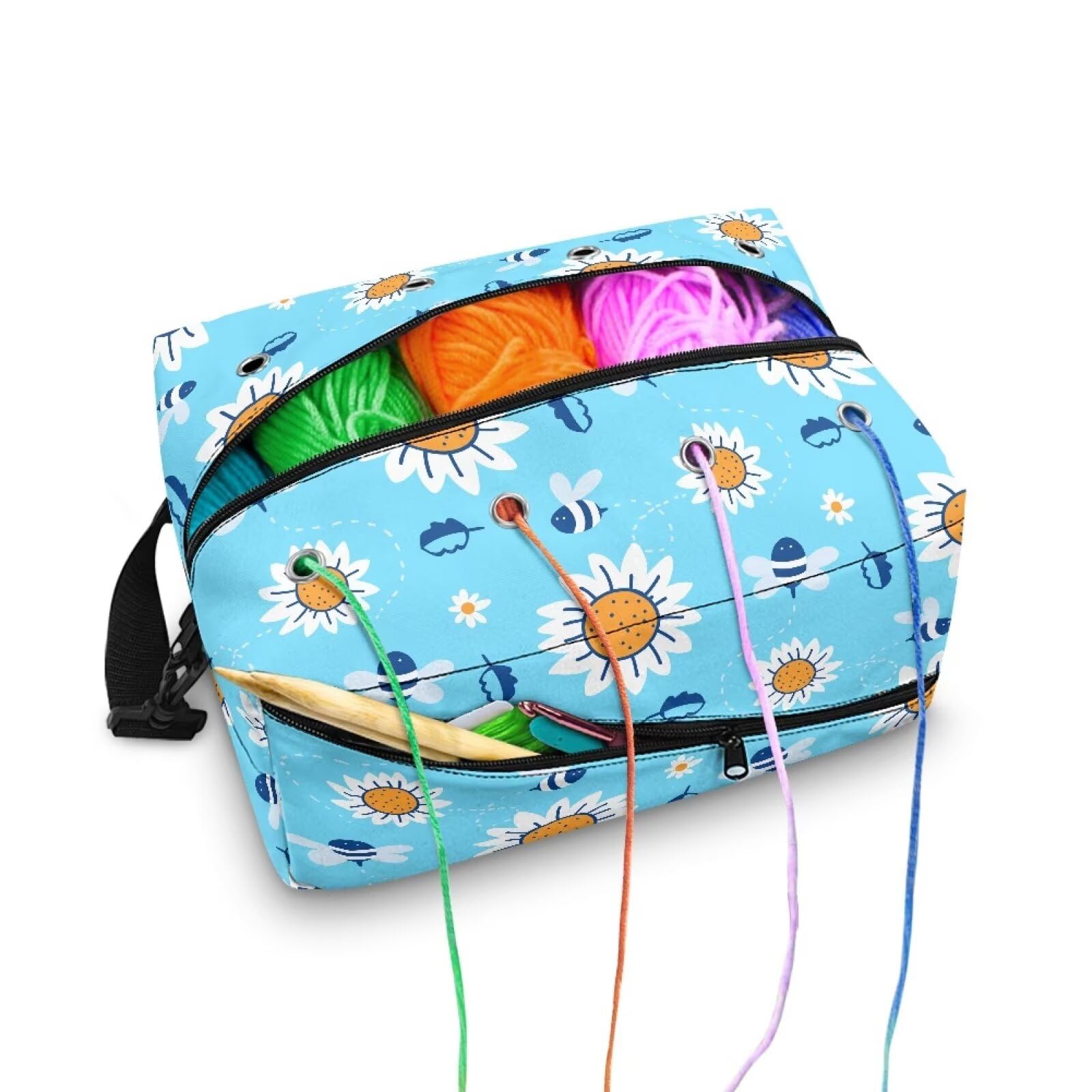 Drnuikhe Bee Daisy Print Knitting Bag Yarn Storage Organizer Portable Knitting Bag Yarn Storage Organizer for Crochet Hooks