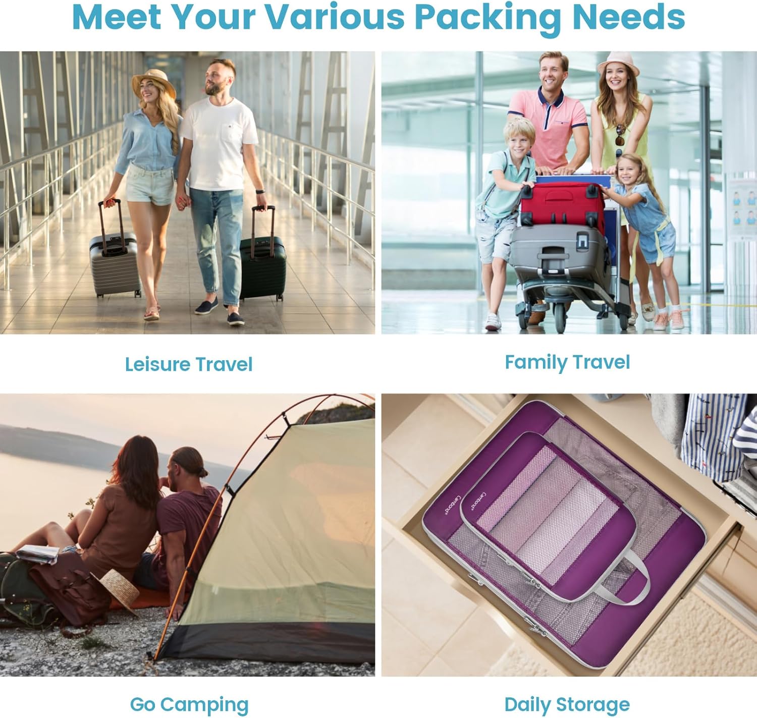 Cambond Compression Packing Cubes - 7 Piece See Through Mesh Packing Cubes for Travel with Underwear Laundry Makeup Bag, Expandable Travel Packing Suitcase Organizers for Family Vacation, Purple