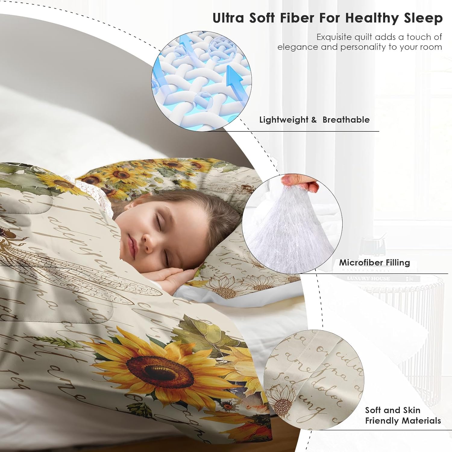 Comforter Set Queen Size, Sunflower Floral Flower Soft 3 Pcs Bedding for Kids and Adults, Dragonfly Vintage Summer Comforter Set with Pillowcase, for Bedroom Bed Decor - Image 5