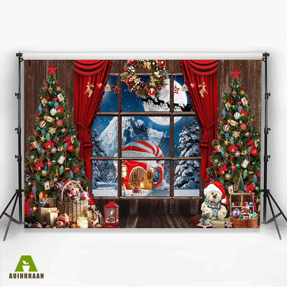 Aoihrraan 3x2,5m Toile De Fond Photographie Noël - Arbre Rouge, Rideau, Bonbons, Maison Père Noël, Renne, Hiver, Neige - Fond Pour Nouvel An, Fête Famille, Décor Photo Studio