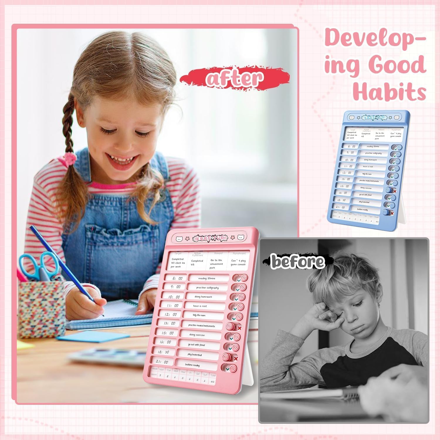 Kids Daily Habit Tracker Board Reusable Routine Schedule Chart with Sliding Buttons | Stand and Sticker Sheet for Children Study Planning | Task Management Time Scheduling Home and Classroom Use 2