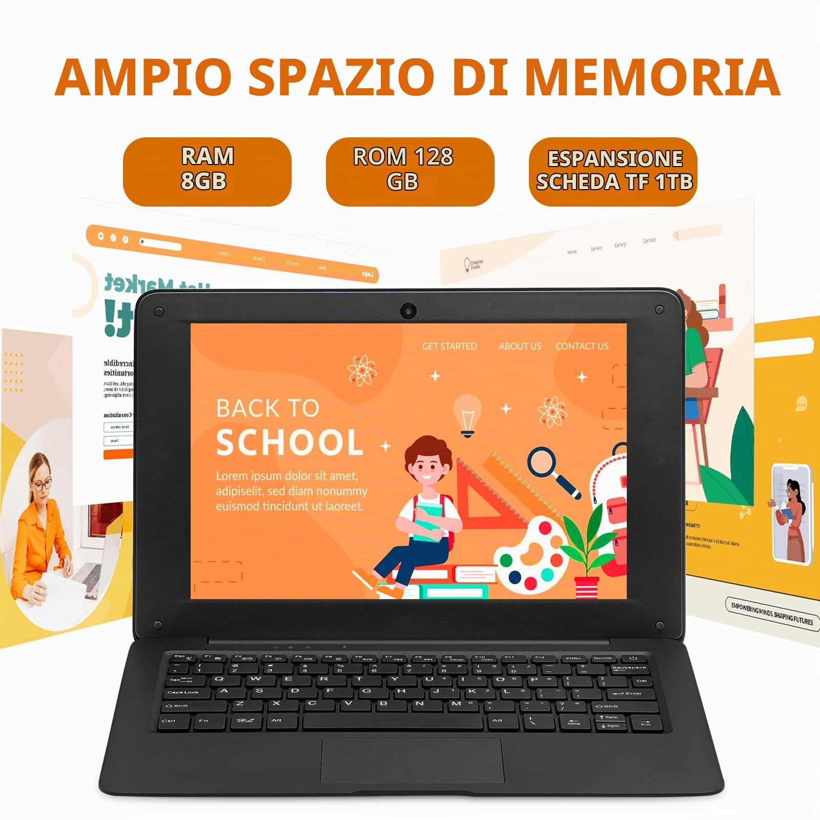 AKEDA 10.1'' Mini Laptop QWERTY, Notebook Compatto con N4000, 8GB RAM, 128GB Storage, Netbook Portatile per Bambini Studenti Apprendimento a Casa – Tastiera Inglese