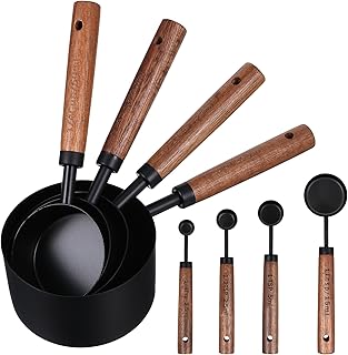 Stainless Steel Measuring Cups Set and Measuring Spoons Wooden Handle Metal Measure Cups and Spoons for Cooking and Baking, 8 Piece