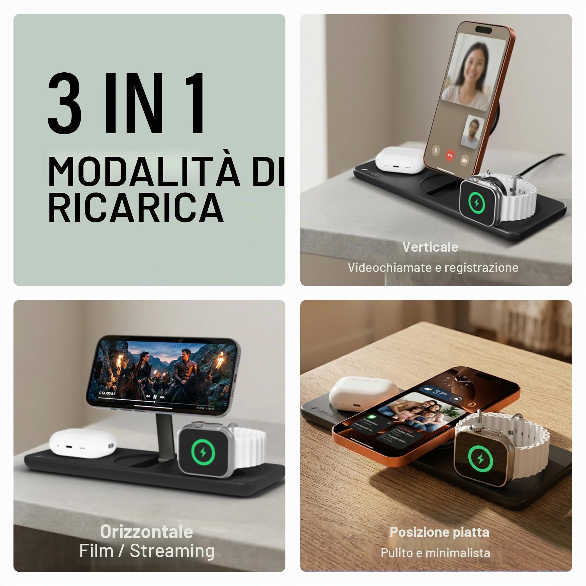 Nimble Podium - Stazione di ricarica wireless 3 in 1 per Apple, supporto caricabatterie Magsafe da 15 W, certificato Qi2, caricabatterie wireless per iPhone 16, 15, 14, 13, 12, Apple Watch, serie