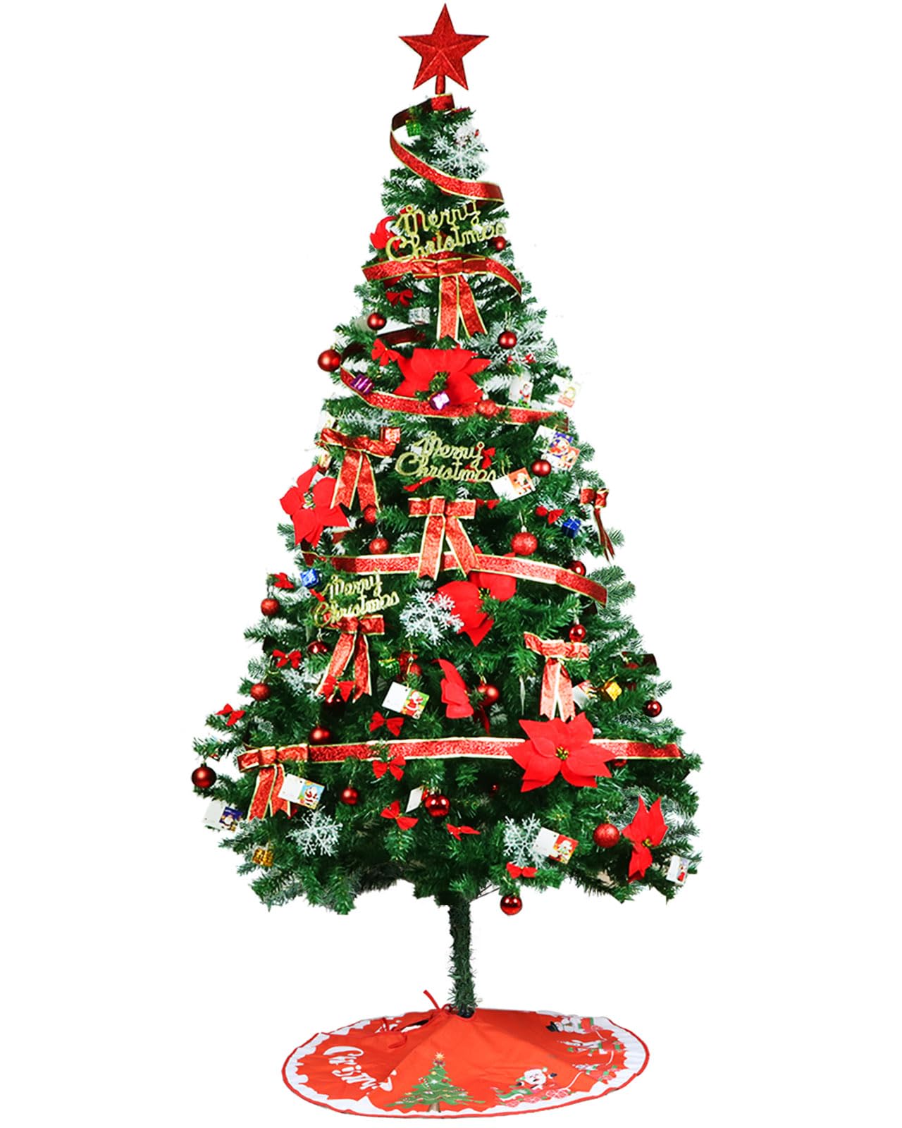 Artificial Christmas Tree with Red Decorations and Tree Skirt Collapsible Xmas Tree Fake Artificial Christmas Tree for Indoor Outdoor (Red Decor 6.9ft)