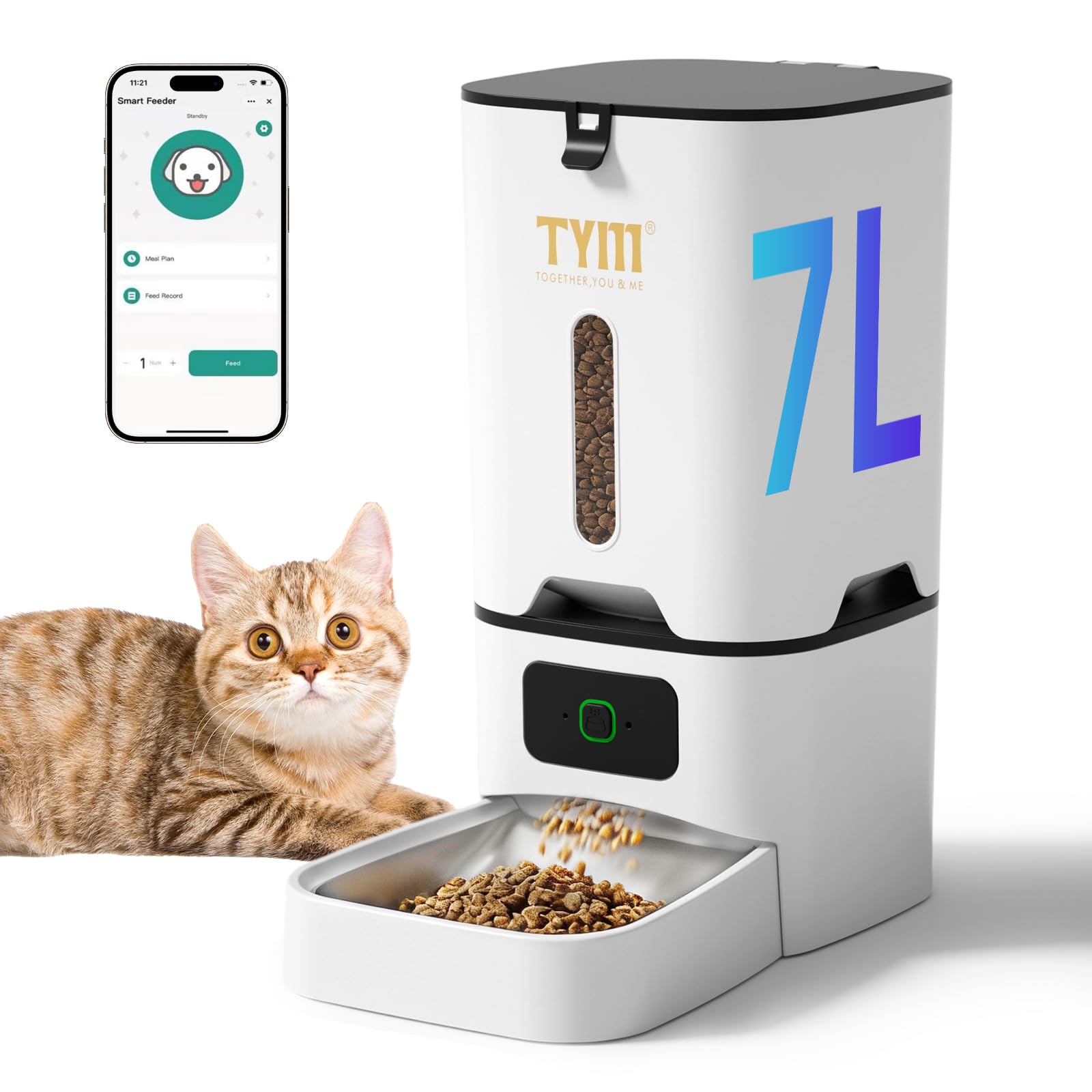 TYM Automatic Cat Feeder 7L Time Cat Feeder for Dry Food APP Control Pet Food Dispenser Programmable Portion Size Auto Feeder for Cats and Dogs with Stainless Bowl Large Capacity(WiFi is Not Required)