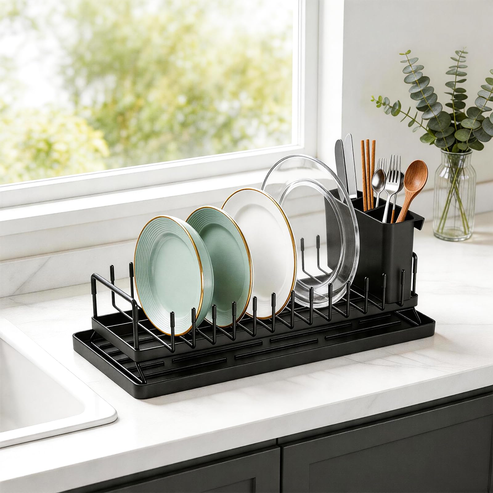 Zocipro Scolapiatti da Appoggio Compatto in Acciaio Inox con Tappetino in Silicone e Portaposate – Salvaspazio per Cucine Piccole, Monolocali, Case e Camper - Nero