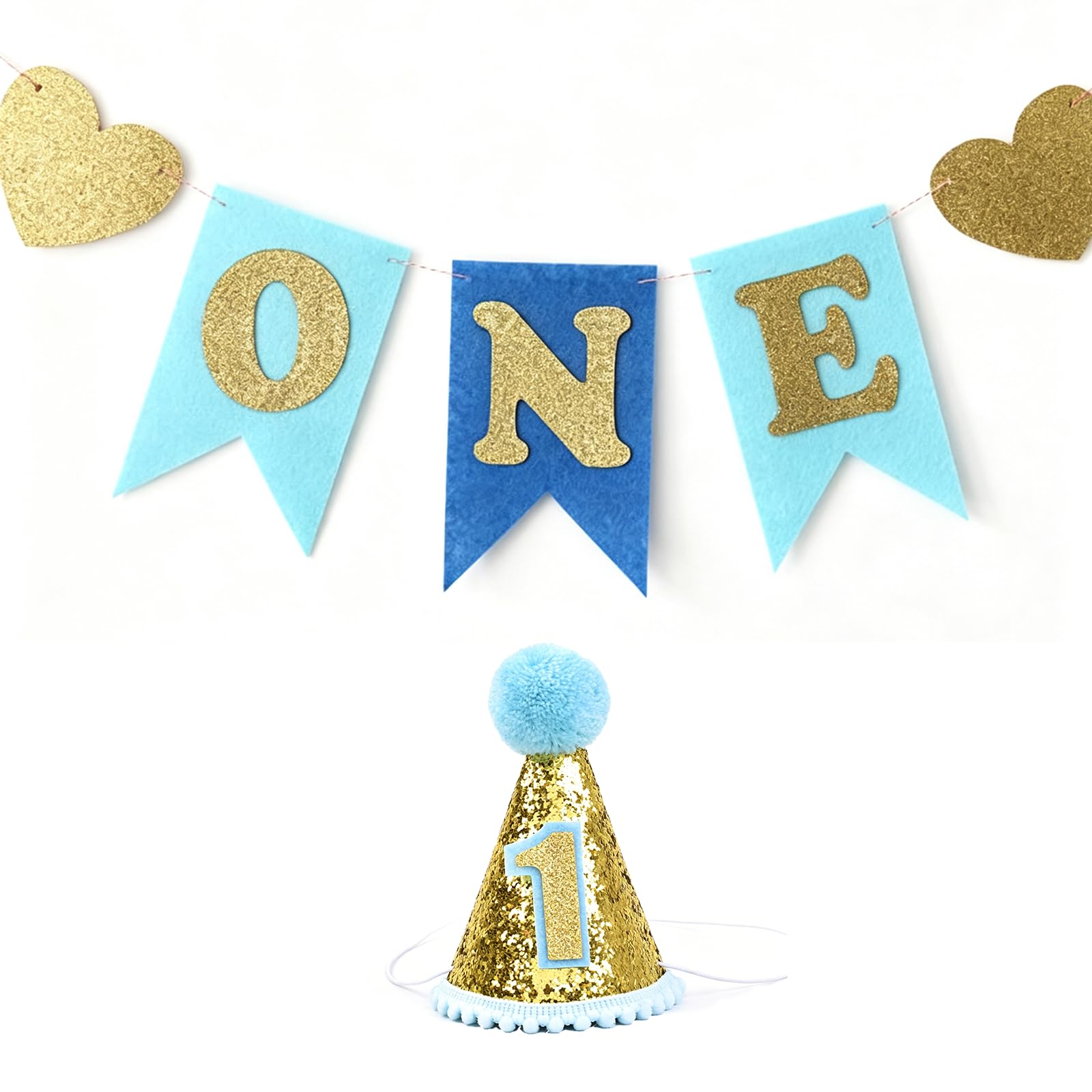 Daxiangsheng First Birthday Hat and Banner Set, Blue and Gold Theme, 2 Pcs