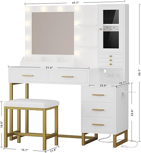 Miniatura 2 de IRONCK Escritorio de tocador con espejo y luces, mesa de tocador de maquillaje con 5 cajones y estantes, toma de corriente, taburete de tocador,