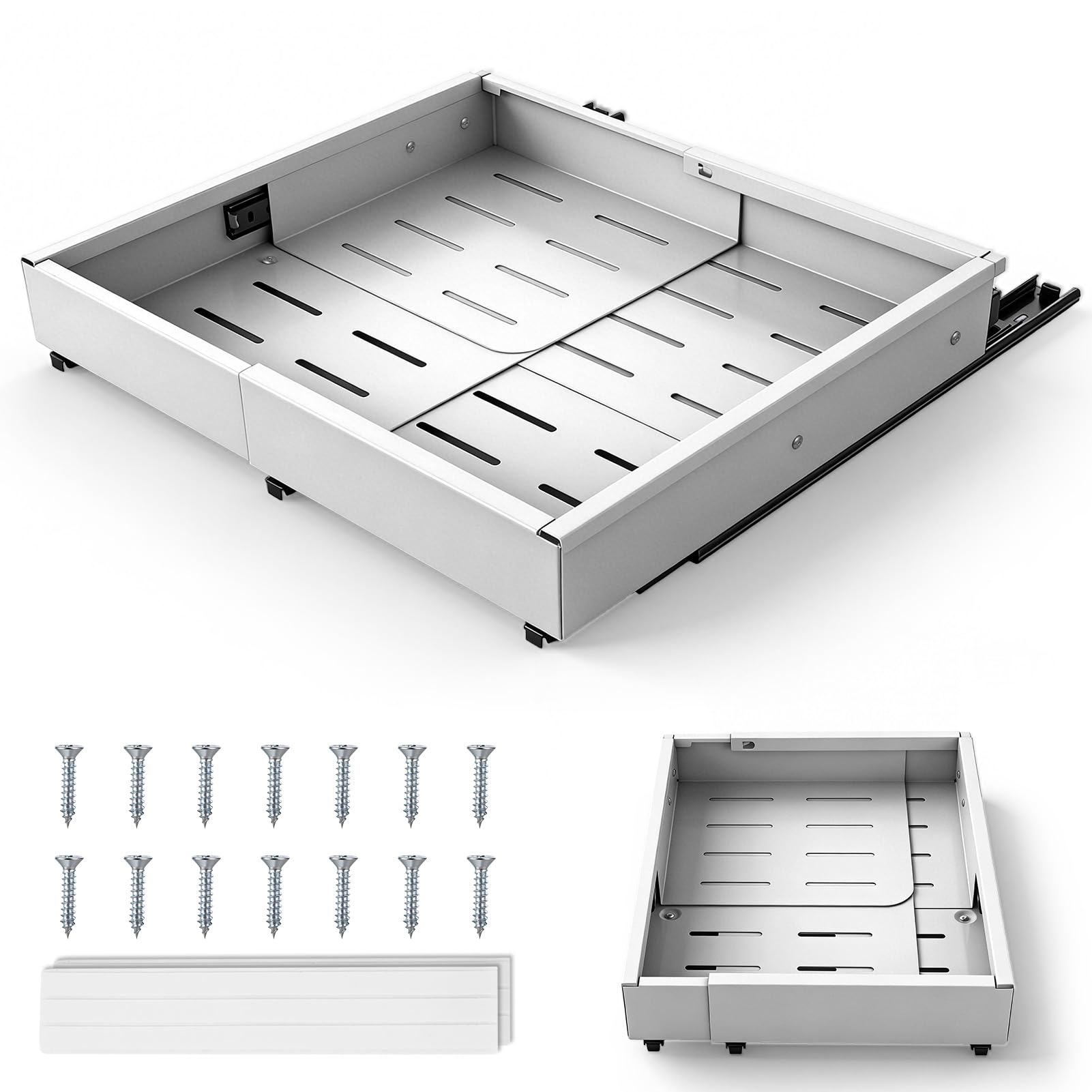Auszug Küchenschrank 48 cm Tief mit Kleber ohne Bohren 2er-Pack Schubladen organizer ausziehbare Schublade Küche aus Kohlenstoffstahl Teleskopschublade erweiterbare Breite 41.5-58cm, weiß