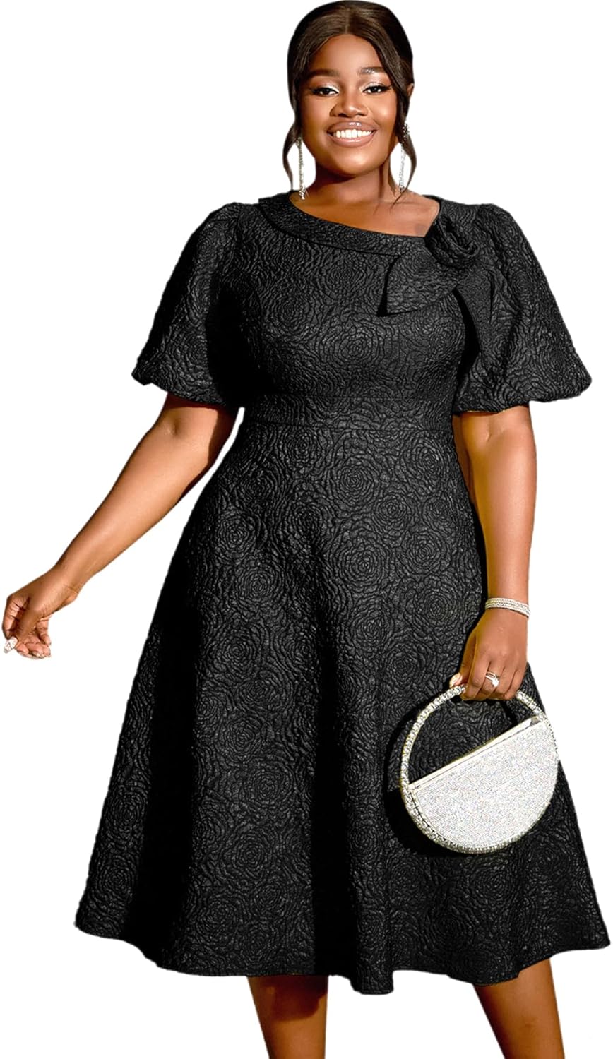 AOMEI Women's Irregular Neck with Flower Short Puff Sleeve High Waist A-Line Jacquard Dress