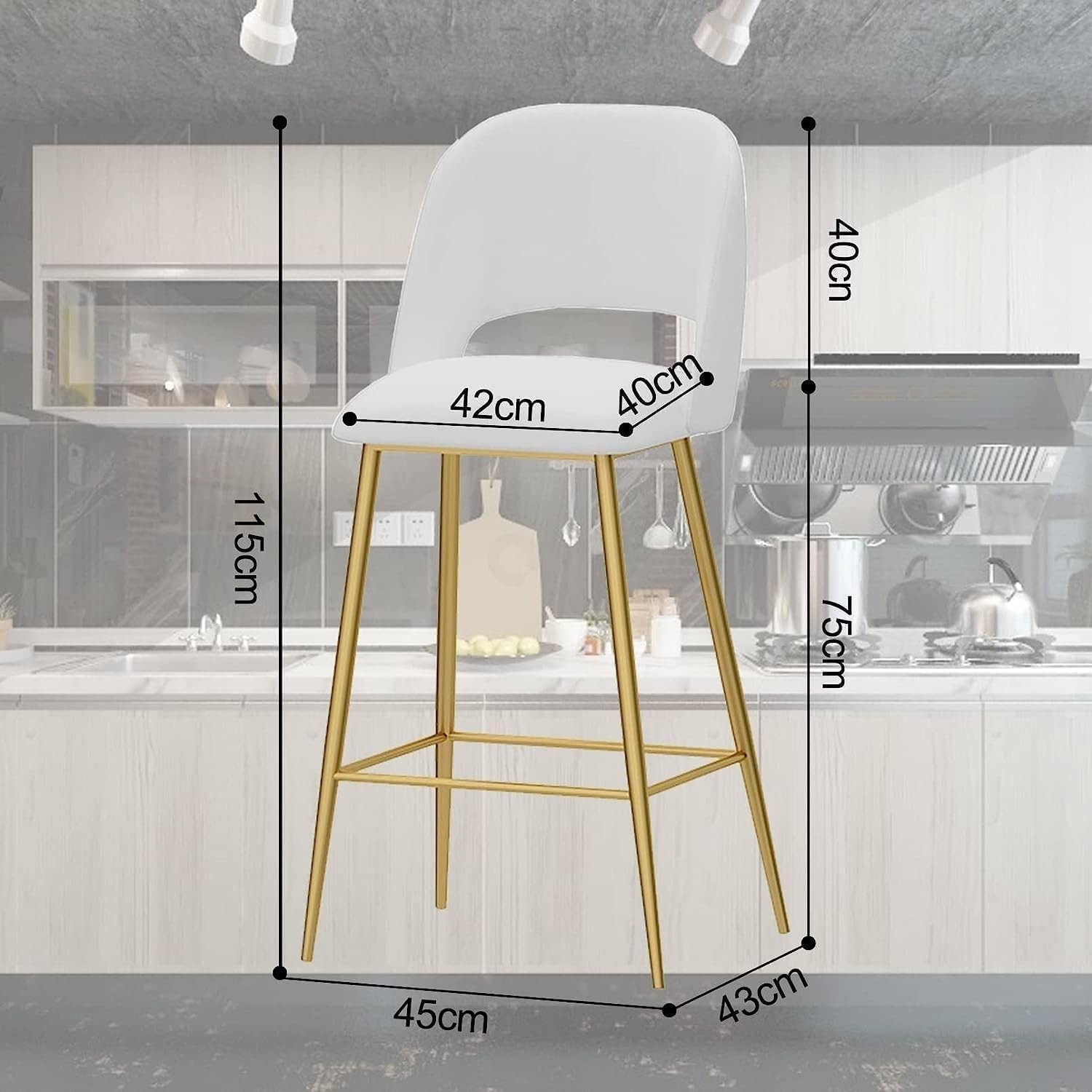 Taburete de Bar Moderno de Terciopelo, 1 Unidad, Altura de mostrador con Respaldo y Patas de Metal Dorado para Cocina.