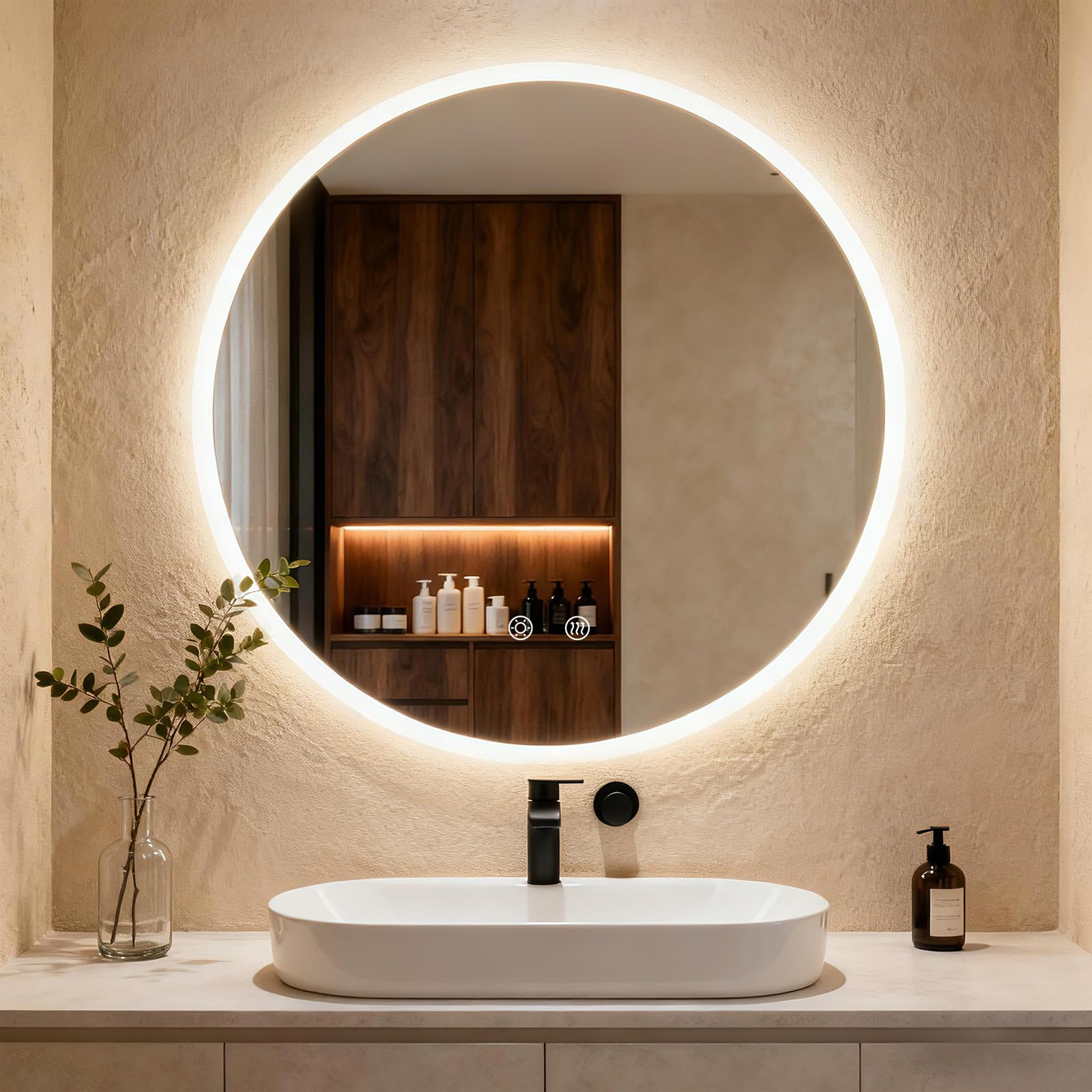 Clevich Badspiegel mit Beleuchtung rund 80 cm, LED Spiegel mit 3 Lichtfarben dimmbar, gehärtetes Glas und mattierter Rand, Touch-Schalter, Memory-Funktion, beschlagfrei, Badezimmerspiegel mit Licht