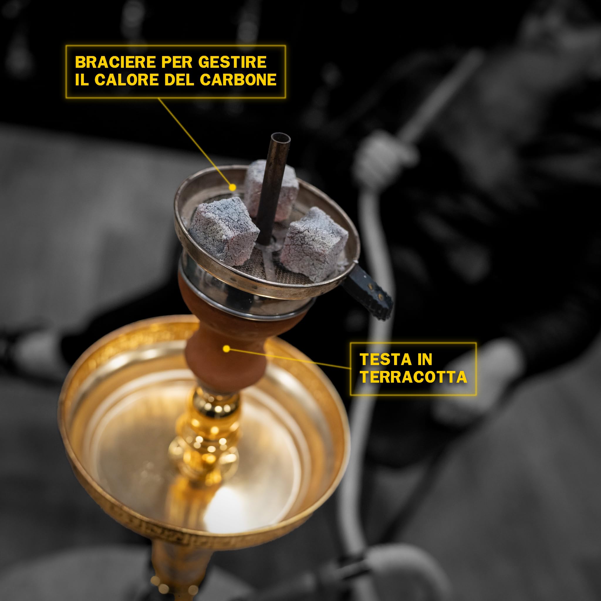 Cachimba Tradicional Al Zahra 60 cm | Latón Brillante, Cazoleta de Arcilla, 1 kg Carbón Cocobration 27mm, Porta Carbón, 50 Boquillas Higiénicas y Accesorios Completos para Shisha y Hookah