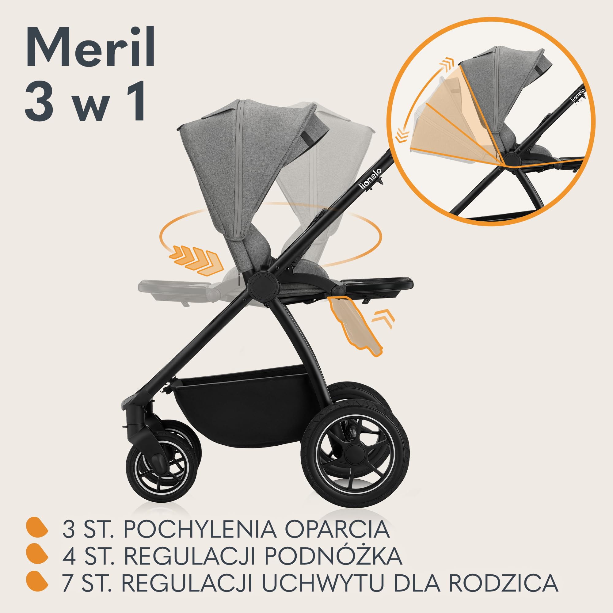 LIONELO MERIL 3 in 1 Wielofunkcyjny Wózek Dziecięcy 0-48 Miesięcy Do 22 Kg, Gondola Do 9 Kg, Fotelik Samochodowy Do 13 Kg, Koła Terenowe 360°, Pełna Amortyzacja, Budka XXL UPF50+ (Szary)
