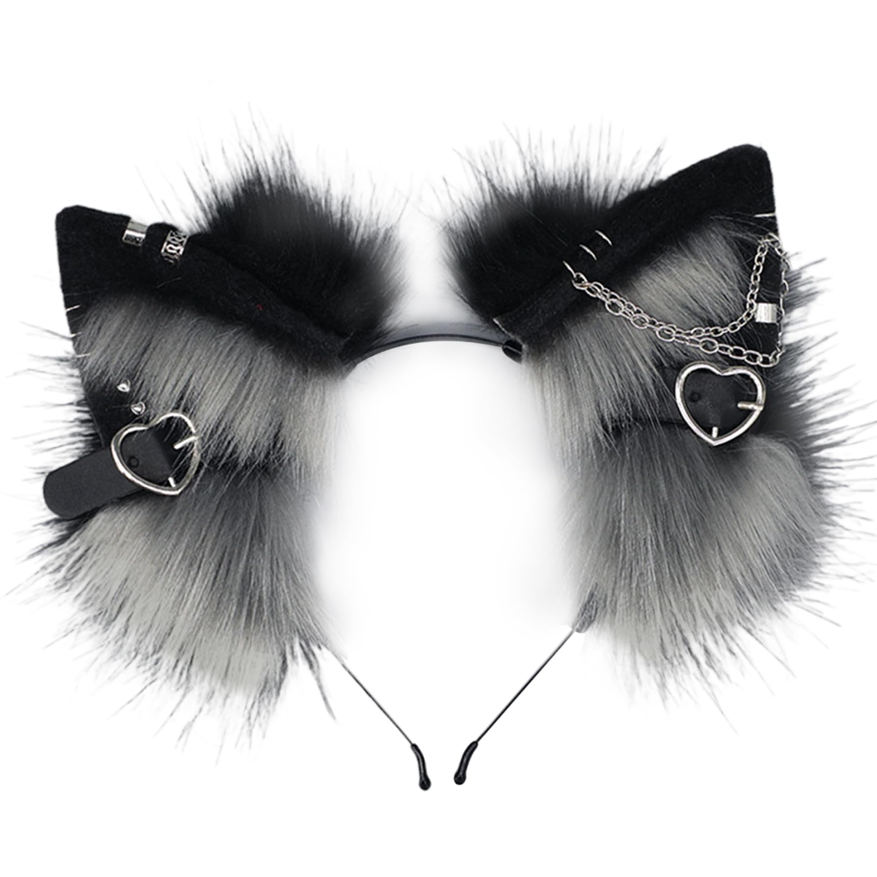 Tarra de gato Diadema, orejas peludas con el corazón de metal y decoración de cadena, orejas góticas punk therian, orejas de animales para la banda para la banda de cosplay - Negra y gris