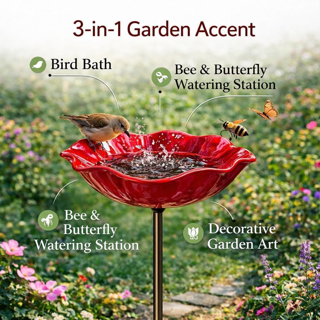 Handmade Metal Flower Garden Stakes with Bird Bath & Bee Water Bowl, 2026 New Handmade Decorative Outdoor Yard Art, Butterfly & Pollinator Watering Station, Weather-Resistant Garden Decor Gift (1pcs) — view 2