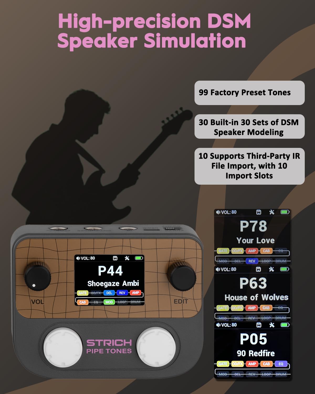 STRICH Pipe Tones Pocket Multi-Effects Processor per chitarra e basso con pedale 10 moduli effetto 125 effetti Looper 40s 100 pattern di batteria Interfaccia audio USB Controllo wireless(Grigio scuro)