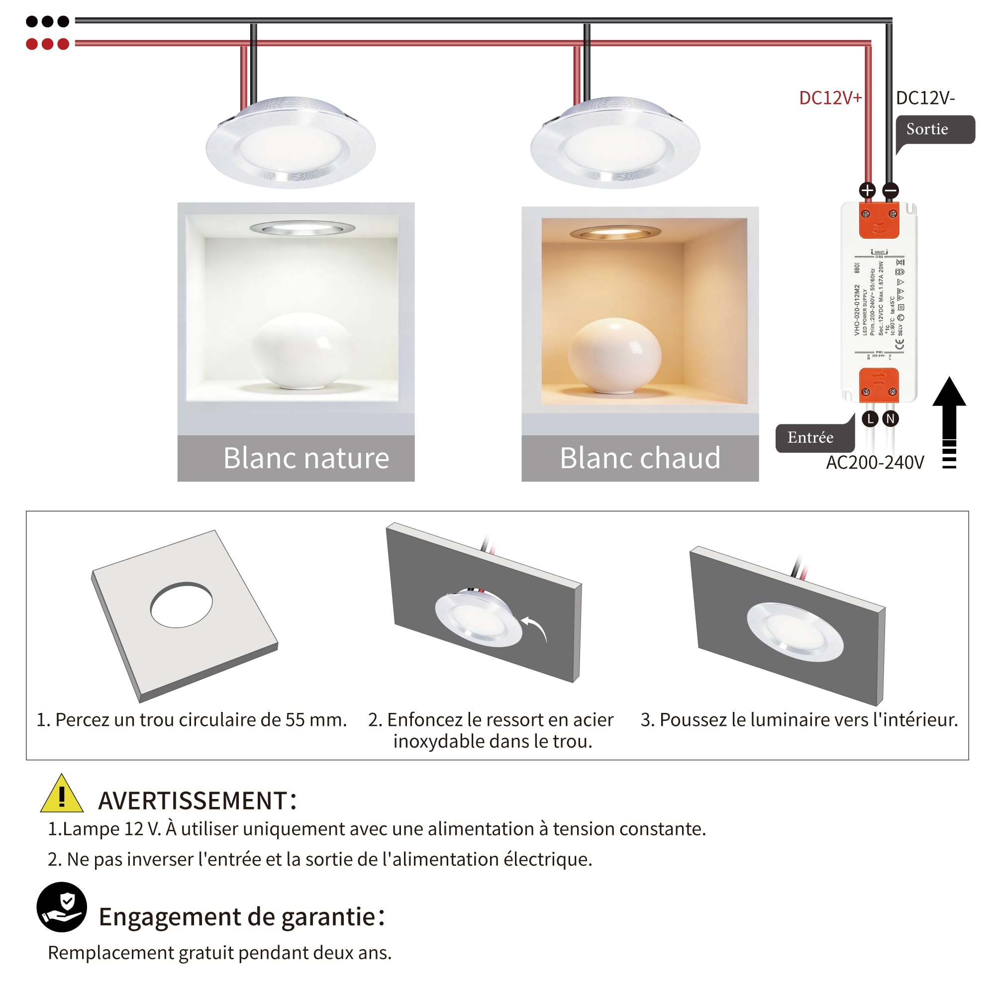 Lot de 6 Spot LED Encastrable Extra Plat 3W 12V, Plafonnier Salle de Bain avec Transformateur 230V, Trou 55-58mm, Argenté Blanc Chaud