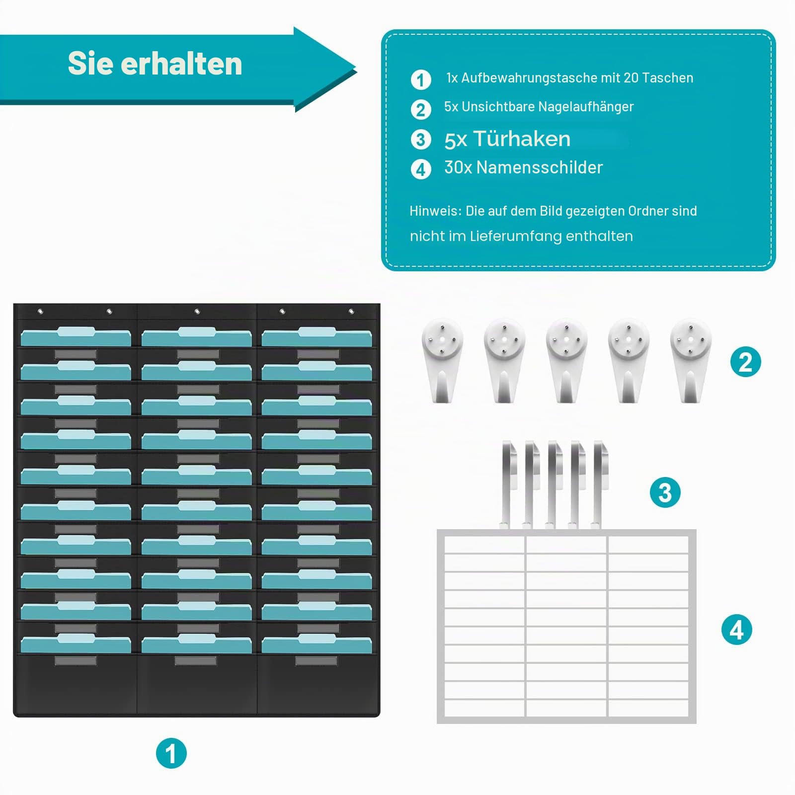 KIKIGOAL Hängemappe mit 30 Fächern, robuste Aufbewahrungstaschentabelle mit 30 Namensschild-Taschen für Aktenordner und Papier, Türhaken, Etiketten (30 Taschen)