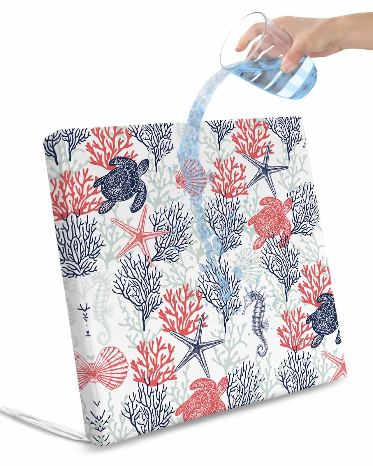 Red Navy Sea Turtle 4 Pack Waterproof Cushion Covers with Ties, Outdoor Patio Chair Seat Cushion Slip Covers Replacement Coastal Ocean Coral Shell Seahorse 20''x18''x4'',