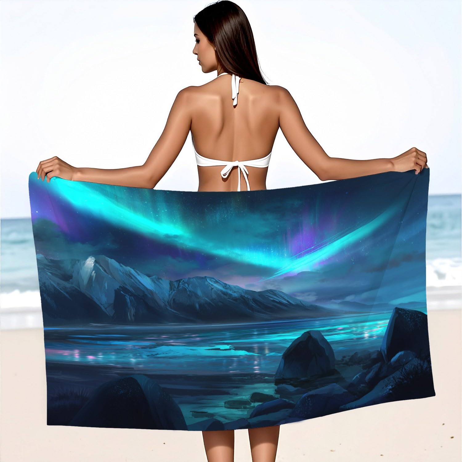 Asciugamano da spiaggia in microfibra Dreamy Ethereal, telo da spiaggia elegante natura paesaggio, cielo notturno, aurora, ghiaccio, asciugatura rapida, anti sabbia e leggero, asciugamano da bagno